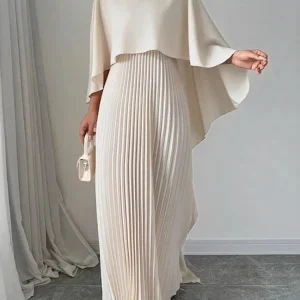 Spring Summer Elegant Crew Neck Pleated Dresses Women Casual Solid Loose Long Dress Cloak Sleeves Ruffle Maxi Dress Vestidos
