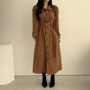 ChicAutumn/Winter Korean Style Single-Breasted Fitted Waist Long Corduroy Dress Solid Color Women's Fashion Vintage Lapel Dress