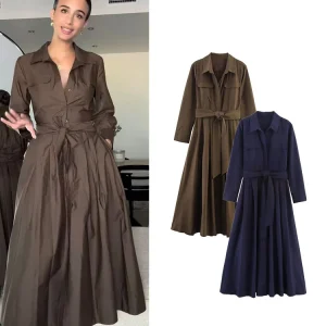 Women Long Sleeve Shirt Dresses With Belt Autumn 2025 Fashion Retro Elegant Luxury Button Midi Dresses OL Commuting Clothes
