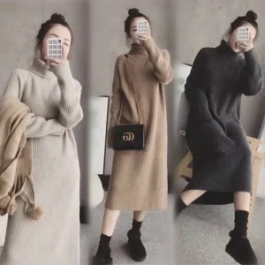 Autumn Winter High Neck Thickened Long Dress Women's Sweater Dress Lazy Style over Knee Length Loose Waist Design China Origin