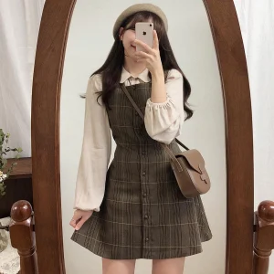 Preppy Sty Japan Girls Matching Outfits Date Lady Autumn Spring 2023 A Line Women Plaid Shirt Dress