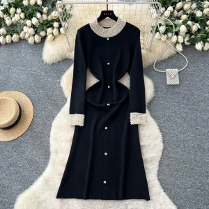 YuooMuoo Brand Fashion 2025 Autumn Winter Women Knitted Long Dress Luxury Pearls O-neck A-line Sweater Dress Office Lady Vestido