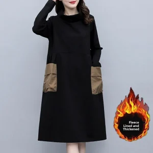 Plus Size Thickened Fleece Autumn Winter Dress Women plus Size Loose High Collar Casual Style A- Line Skirt Long Sleeve Comfo...