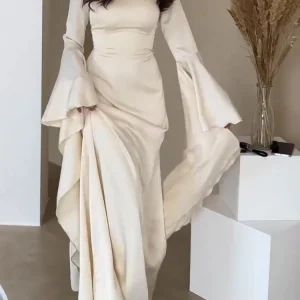 Elegant Solid Color O Neck Chiffon Straight Modest Casual Party Robe Simple Big Swing Sleeves A-line Loose Evening Dress