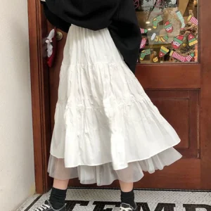 Long Tulle Midi Skirts Womens Autumn Elastic High Waist Mesh Tutu Pleated Skirts Female Black White Long Skirt Streetwear