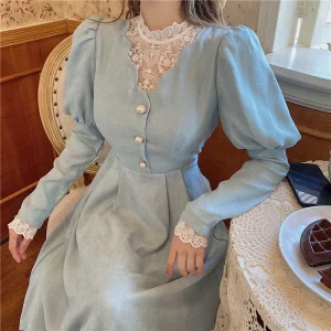 Autumn Elegant Dress Women Winter Patchwork Lace Party Midi Dress Female Casual Sweet Kawaii Korean Fashion Vintage Dress 2024