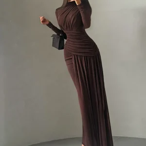 Sisterlinda Folds Maxi Dress Women o-Neck Full Sleeve Solid Banquet Elegant Vacation Fashion Autumn Skinny Casual Simple Vestido