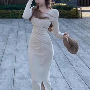 Spring Winter Lady Fashion Designer V-neck Slim Fit Long Sleeves Dress Girls Korean Version Solid Waist Cinching Wrap Hip Skirt